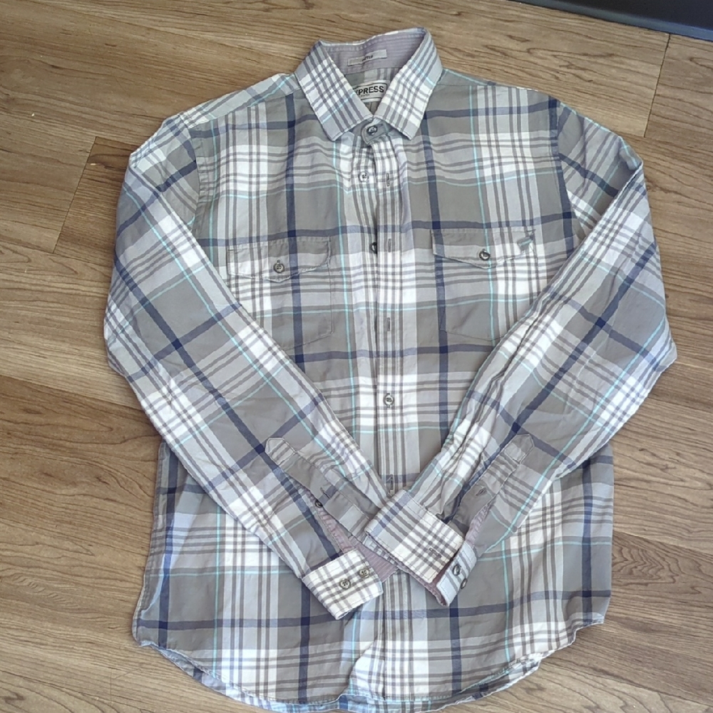 Express Gray and White Casual Button Down Shirt